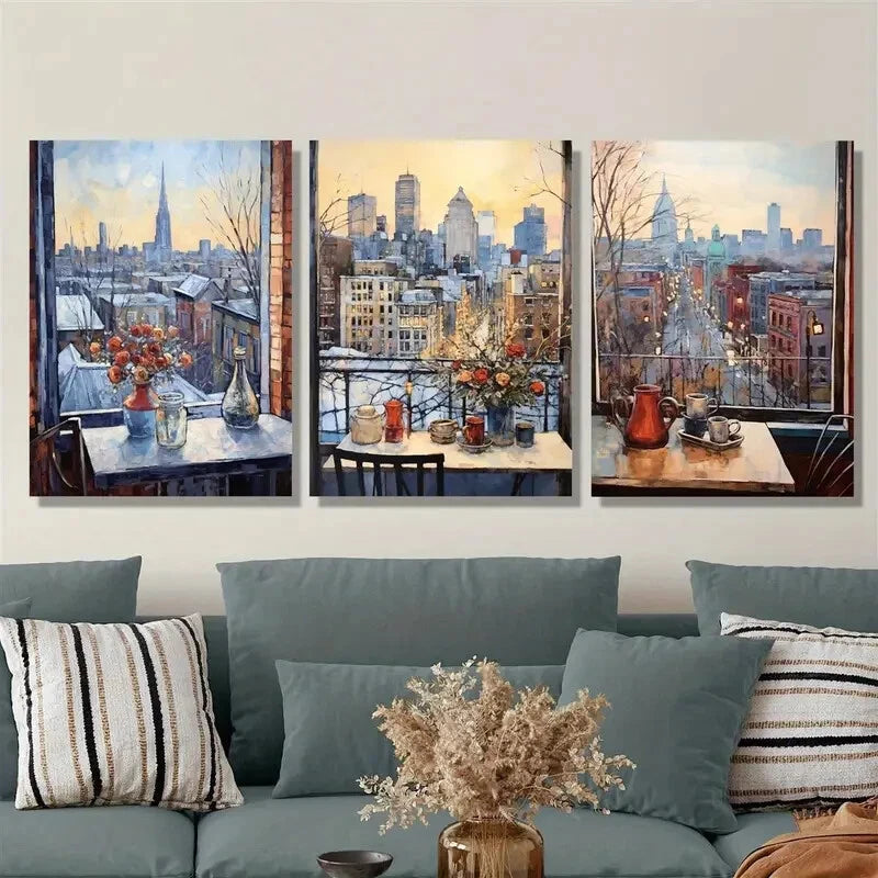3pcs Chicago winter cityscape, impressionistic Metal Print Ready to Hang Art