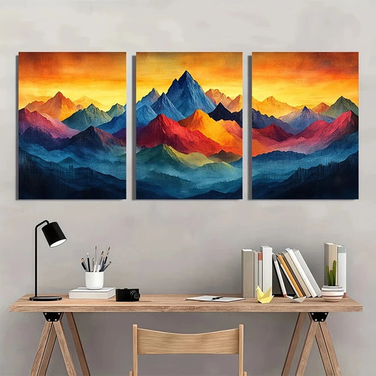 3pcs Mountain Painting Abstract Colourful Metal Print Ready to Hang Art