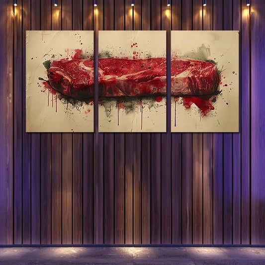 3pcs Painting of a Raw Steak Metal Print Ready to Hang Art