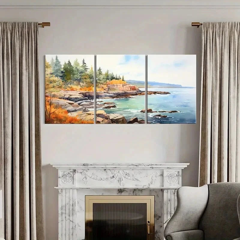 3pcs Watercolor Style Landscape Coastal Scenery Metal Print Ready to Hang Art