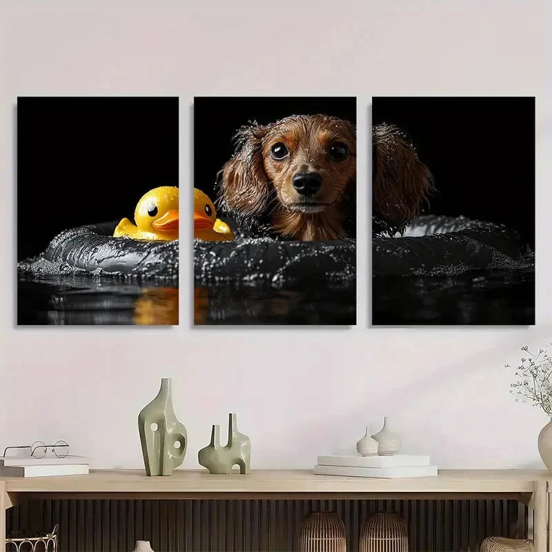 3pcs Whimsical Dog Rubber Duck Tub Metal Print Ready to Hang Art
