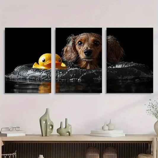 3pcs Whimsical Dog Rubber Duck Tub Metal Print Ready to Hang Art