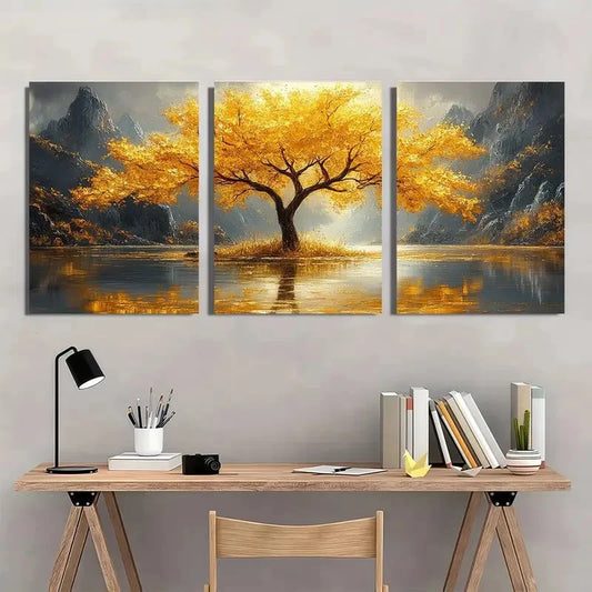 3pcs Golden Tree Water Reflection Painting Wall Art Set Canvas Framed 40x60cm - High Quality Print 100% Australian Made Wall Canvas Ready to Hang