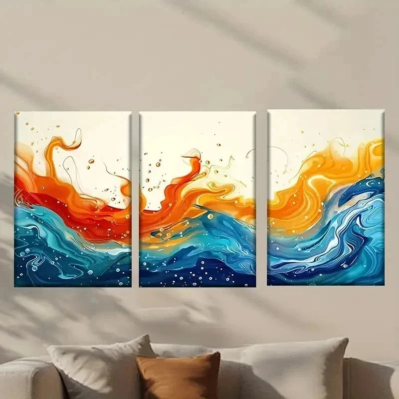 3pcs Abstract Painting with Water And Orange Wall Art Set Canvas Framed 40x60cm - High Quality Print 100% Australian Made Wall Canvas Ready to Hang