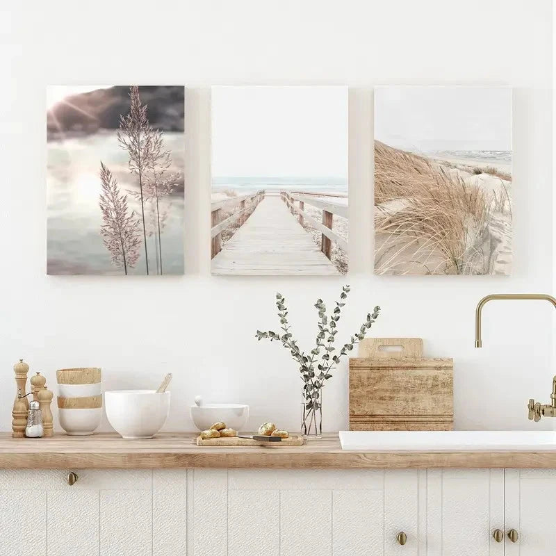 3pcs Coastal Beach Classic & Modern Boho Ocean Metal Print Ready to Hang Art