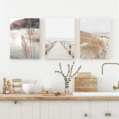 3pcs Coastal Beach Classic & Modern Boho Ocean Metal Print Ready to Hang Art