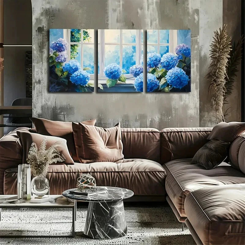 3pcs Beautiful Blue Hydrangea Floral Art Metal Print Ready to Hang Art