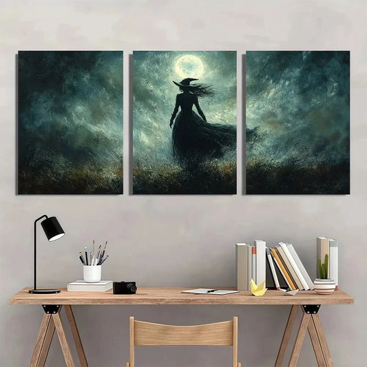 3pcs Halloween Mystical Flying Witch Metal Print Ready to Hang Art