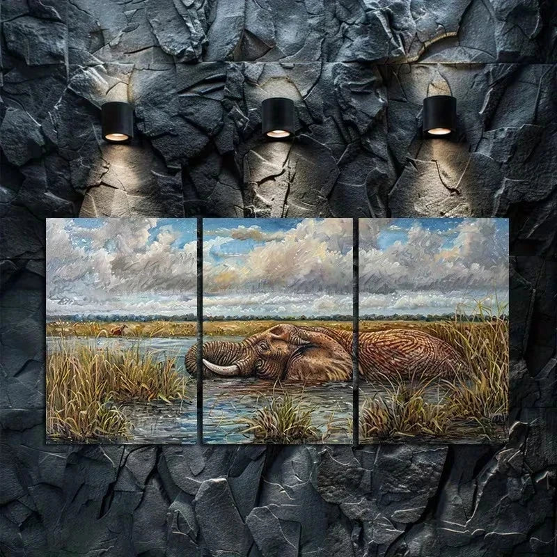 3pcs Elephant Serenity Illustration Metal Print Ready to Hang Art