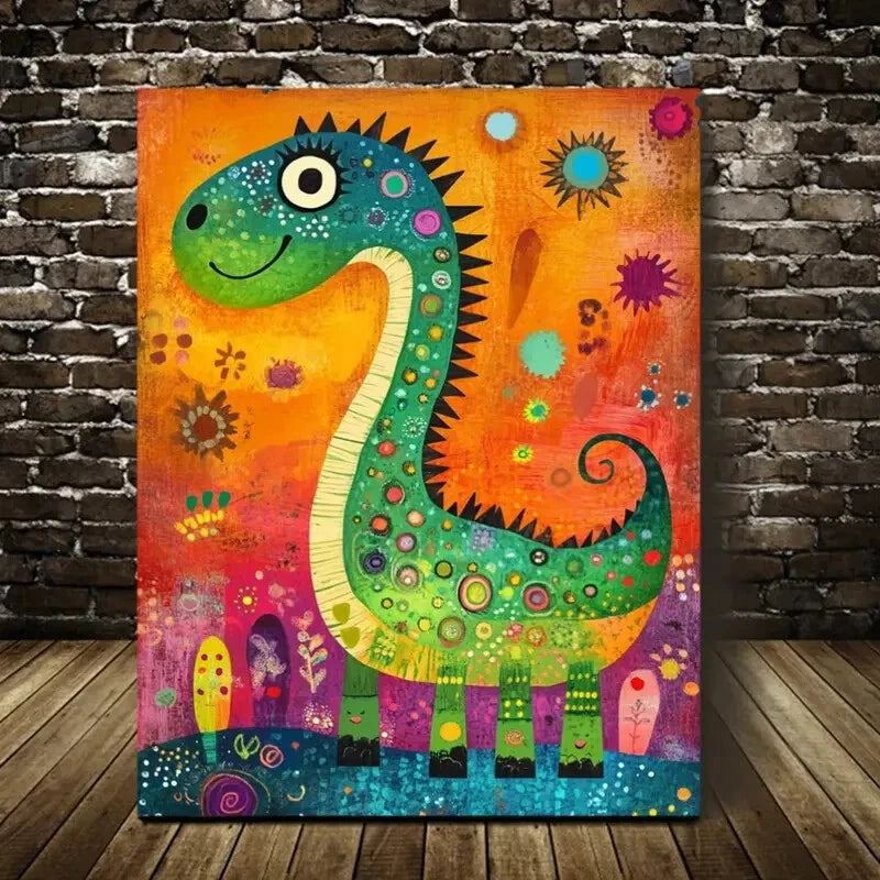 Whimsy Woodland Dinosaur Abstract Cartoon Painting 40x60cm Metal Print Ready to Hang