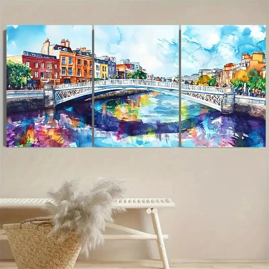 3pcs Vibrant Hapenny Bridge Dublin Cityscape Metal Print Ready to Hang Art