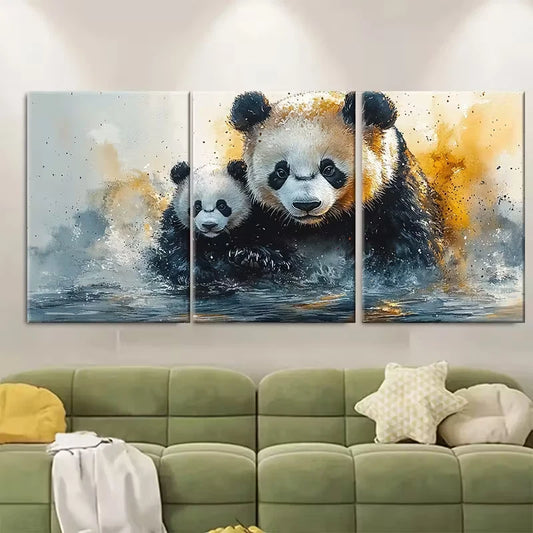 3pcs Mother Panda Cub Watercolor Metal Print Ready to Hang Art
