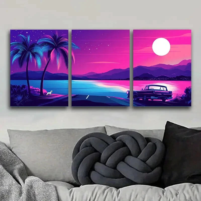 3pcs Vibrant Miami Beach Sunset with Palm Trees  Metal Print Ready to Hang Art