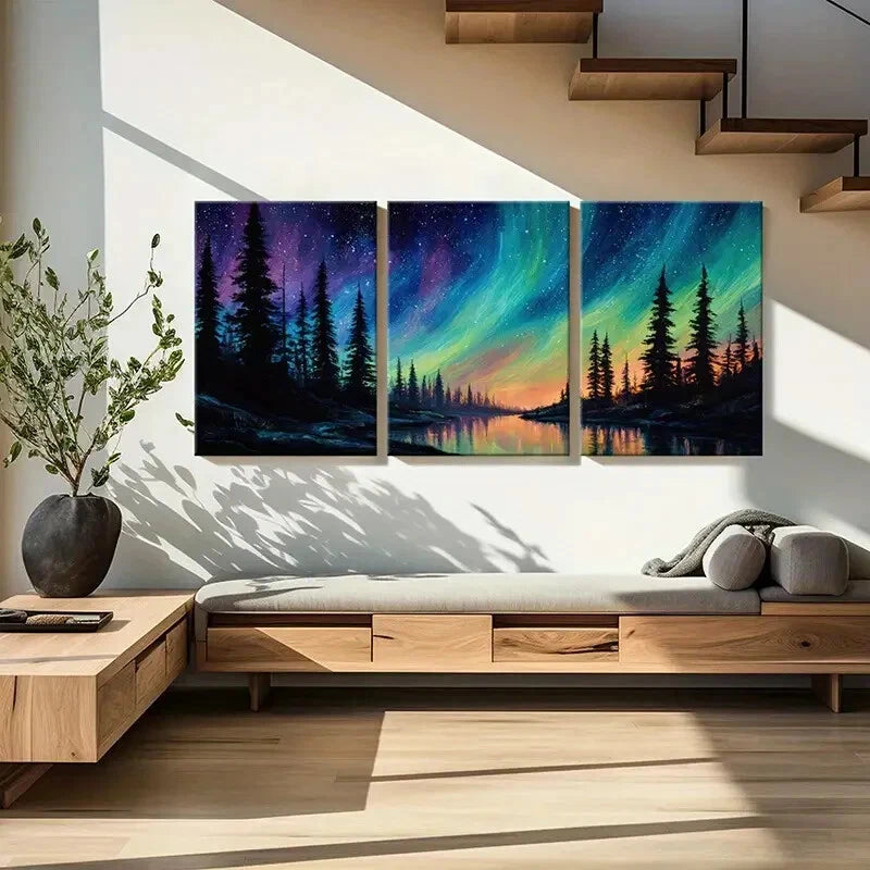 3pcs Starry Sky Northern Lights Forest Silhouette Metal Print Ready to Hang Art