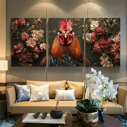 3pcs Dark Academia Renaissance Rooster & Floral Metal Print Ready to Hang Art