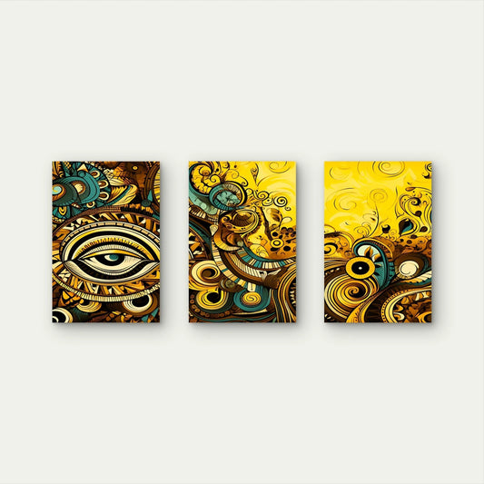 3pcs Gold and Yellow Abstract Eye Indian Art Wall Art Set Canvas Framed 60x90cm - High Quality Print 100% Australian Made Wall Canvas Ready to Hang