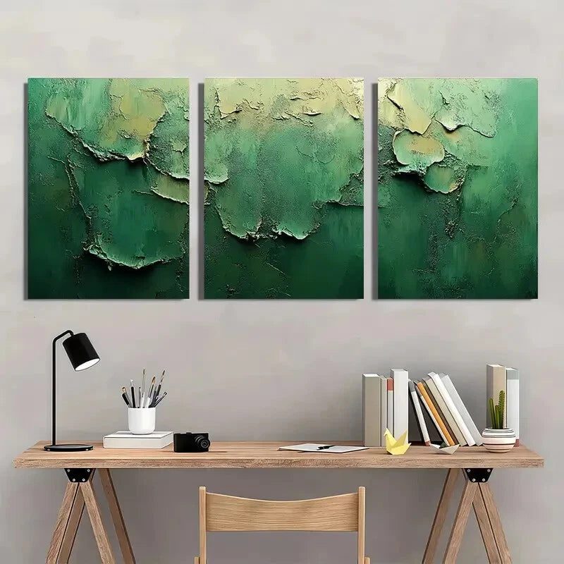 3pcs Minimalist Abstract Green & Beige Textured Metal Print Ready to Hang Art
