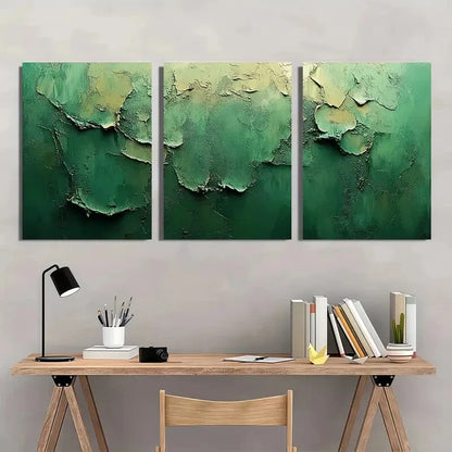 3pcs Minimalist Abstract Green & Beige Textured Metal Print Ready to Hang Art