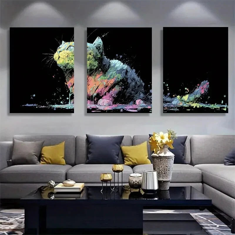 3pcs Vibrant Abstract Cat Modern Ink Splash Metal Print Ready to Hang Art