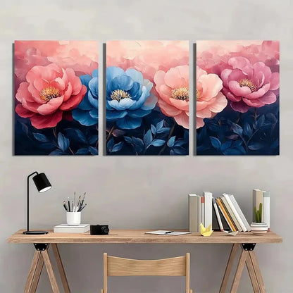 3pcs Pink and Blue Peony Petals Flower Art Metal Print Ready to Hang Art