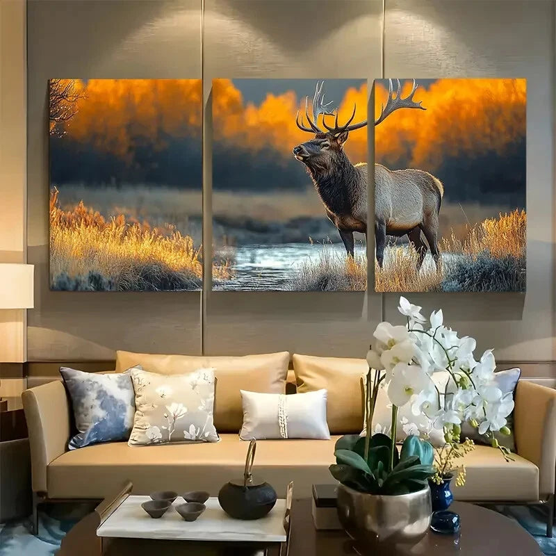 3pcs Elk in Forest Wildlife Design Metal Print Ready to Hang Art