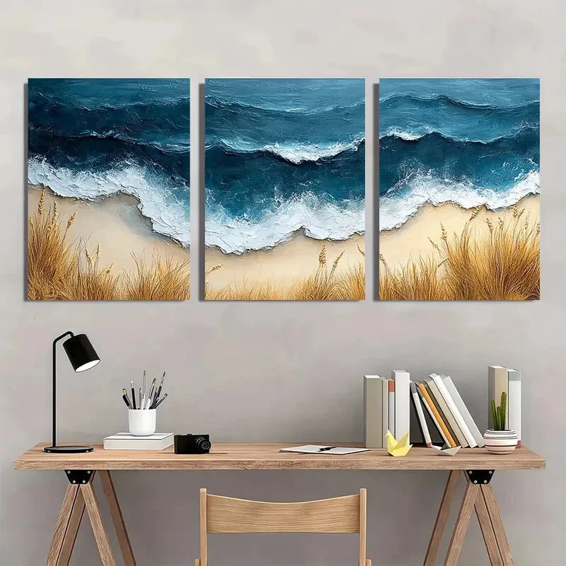 3pcs Modern Beach Wave Minimalist Neutral Tone Metal Print Ready to Hang Art