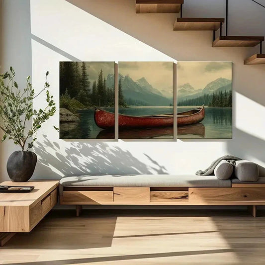 3pcs Red Canoe Majestic Mountains Serene Lake Metal Print Ready to Hang Art