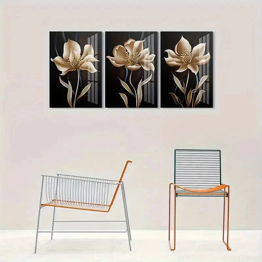 3pcs Abstract Black and Golden Floral Wall Art Set Canvas Framed 60x90cm - High Quality Print 100% Australian Made Wall Canvas Ready to Hang