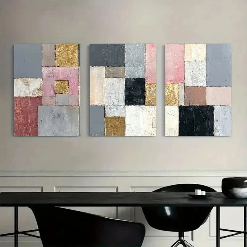 3pcs Abstract Geometric Grey Pink Golden & Black Metal Print Ready to Hang Art