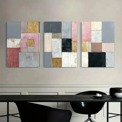 3pcs Abstract Geometric Grey Pink Golden & Black Metal Print Ready to Hang Art