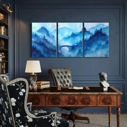 3pcs Blue Mountain Landscape Traditional Pagoda Metal Print Ready to Hang Art