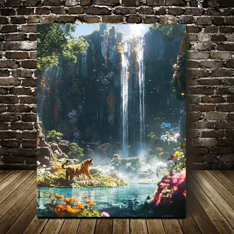 Cyberpunk Tiger Dancing Under Waterfall Painting 40x60cm Metal Print Ready to Hang