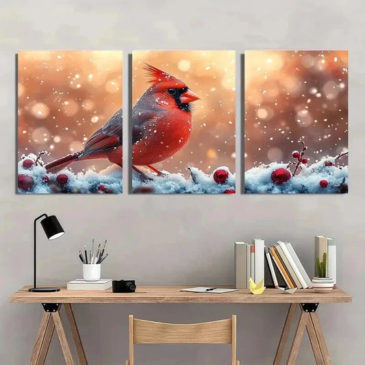 3pcs Vibrant Cardinal in Snowflakes & Berries Wall Art Set Canvas Framed 40x60cm - High Quality Print 100% Australian Made Wall Canvas Ready to Hang