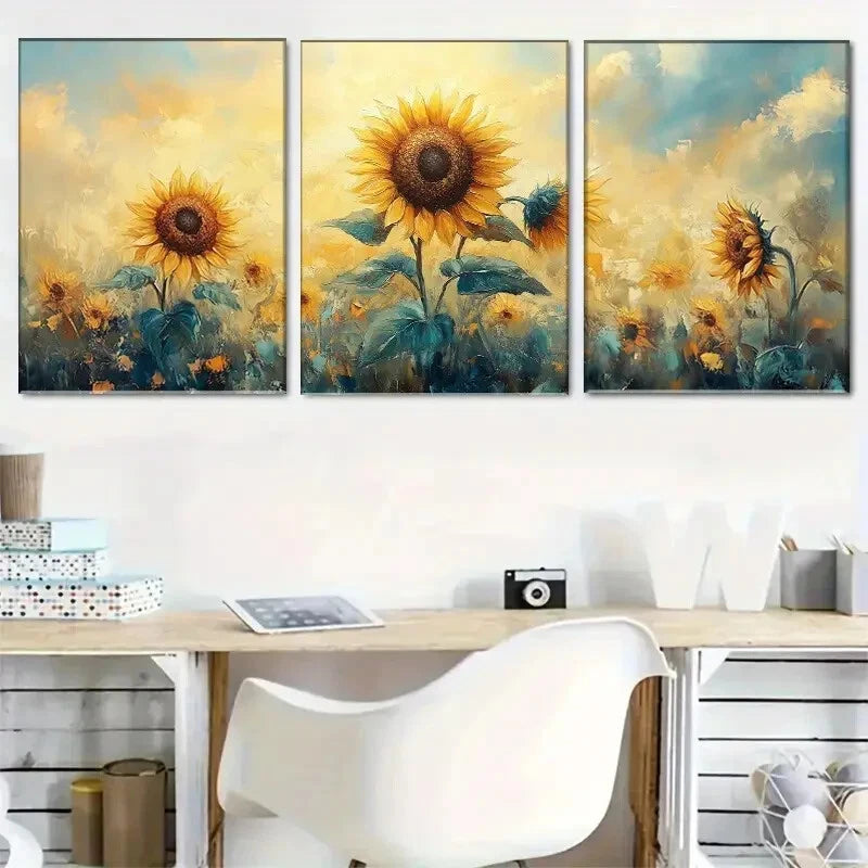 3pcs Sunflower Vibrant Floral Landscape Decor Metal Print Ready to Hang Art