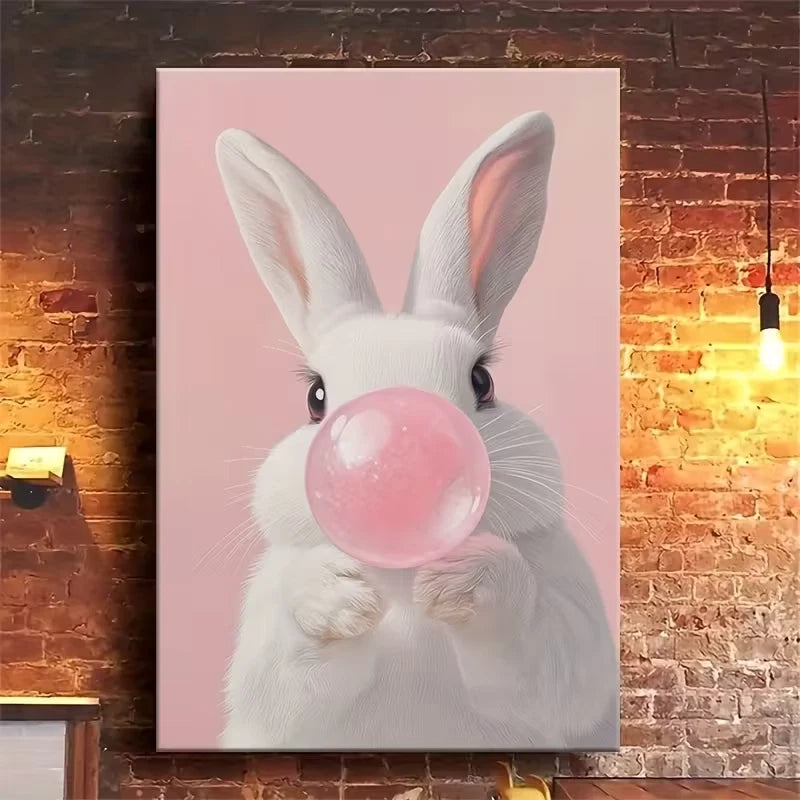 Whimsical White Rabbit Blowing Pink Bubble 60x90cm Metal Print Ready to Hang