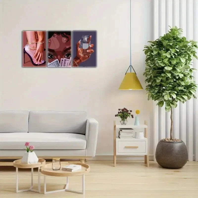 3pcs Female Black Woman Wall Art Money Art Metal Print Ready to Hang Art