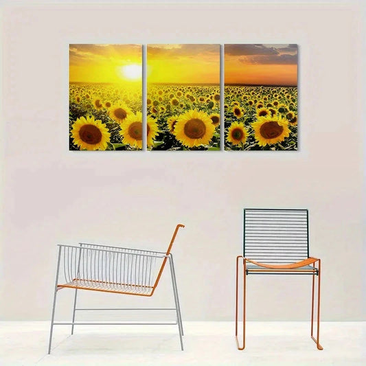 3pcs Sunset Sunflower Field Nature Scenery Metal Print Ready to Hang Art