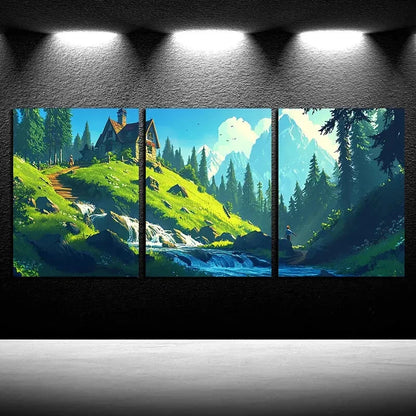 3pcs Majestic Nature Forest Hut Mountain Landscape Metal Print Ready to Hang Art