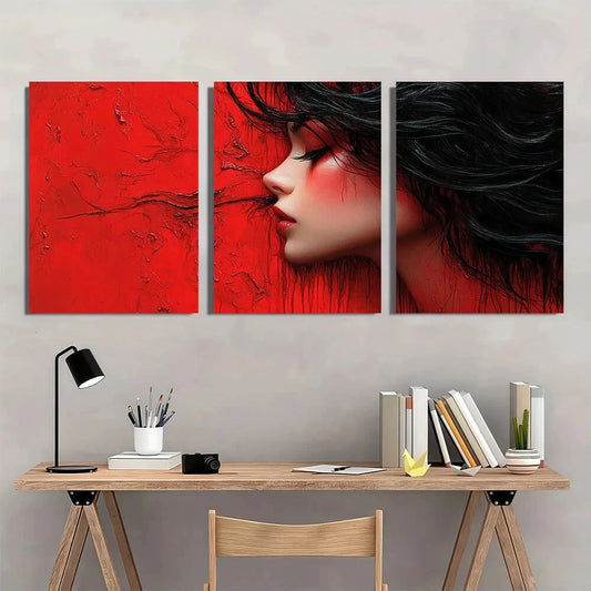 3pcs Elegant Girl in Red Abstract Marble Metal Print Ready to Hang Art