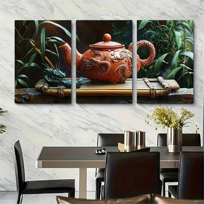 3pcs Clay Teapot with Dragon Motifs and Bamboo TrayMetal Print Ready to Hang Art