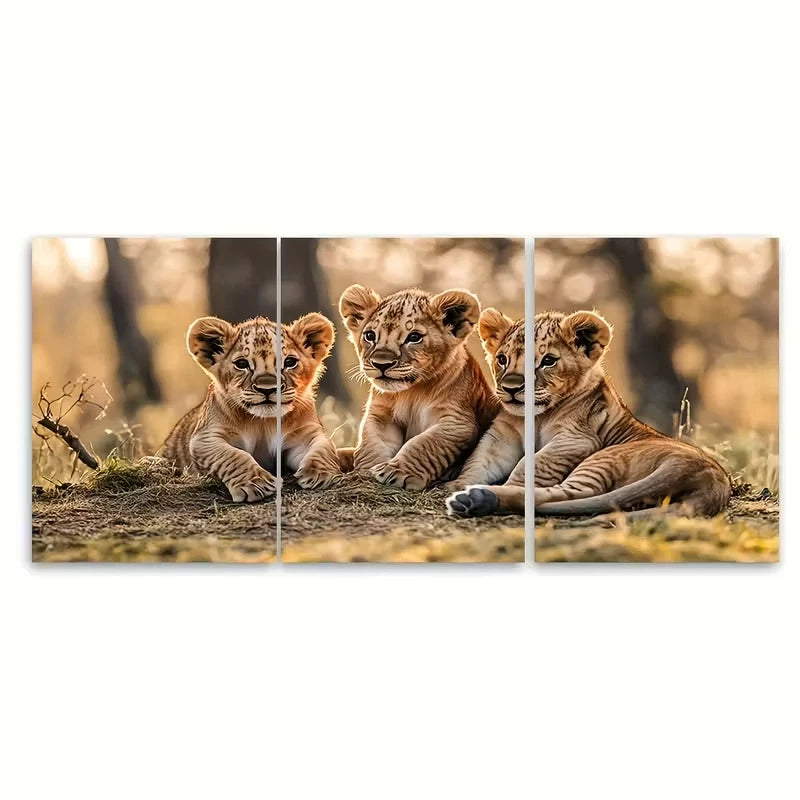 3pcs Lion Cubs Playing Together Wildlife Metal Print Ready to Hang Art