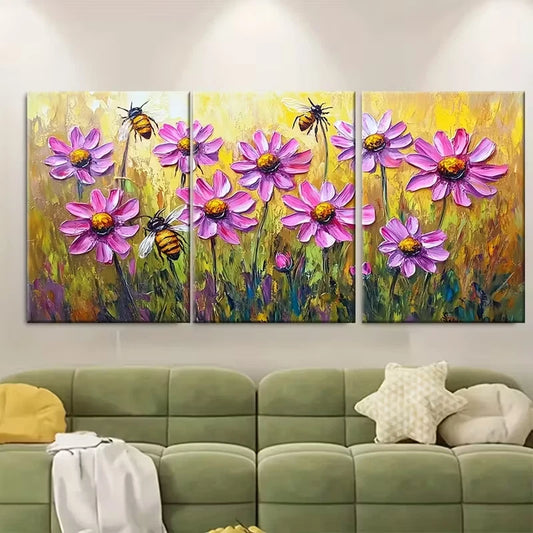 3pcs Pink Daisies Impasto Oil Painting Metal Print Ready to Hang Art