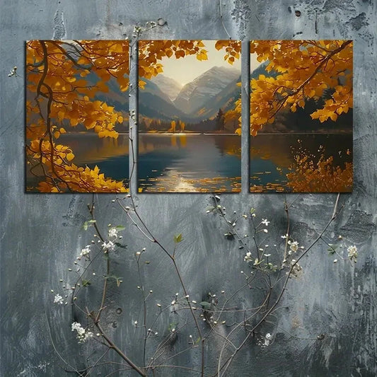 3pcs Vibrant Beautiful Autumn with Lake View Metal Print Ready to Hang Art