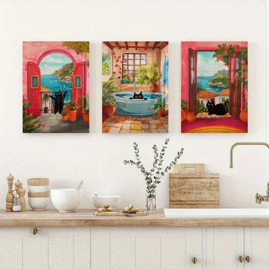 3pcs Black Cat and Scenic Views Metal Print Ready to Hang Art