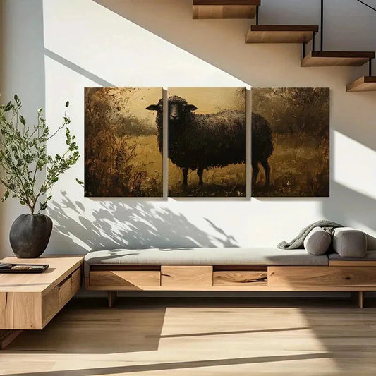 3pcs Artistic Black Sheep Painting Farmhouse Metal Print Ready to Hang Art