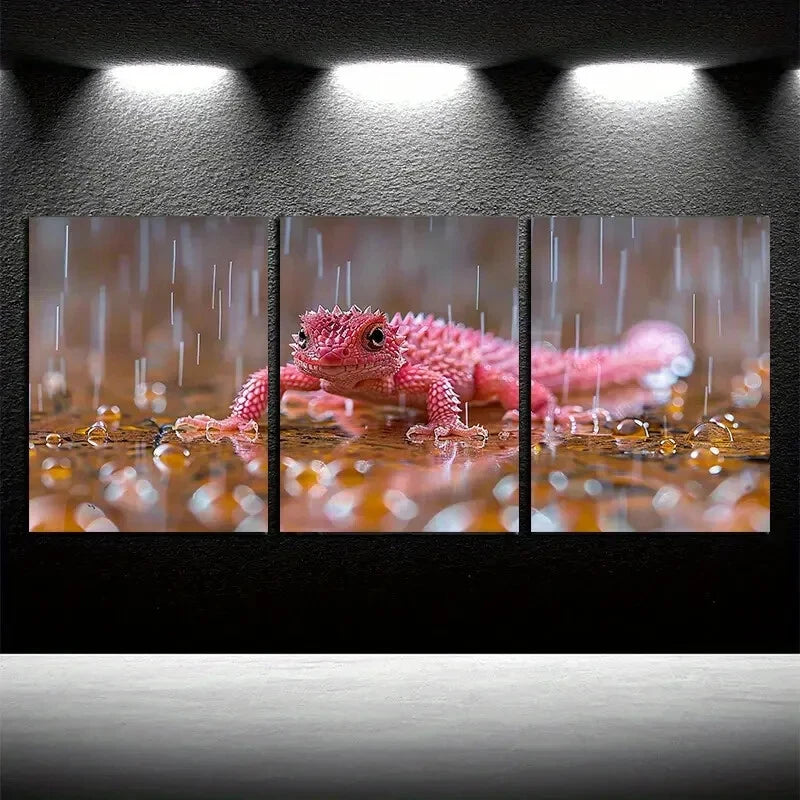 3pcs Vibrant Pink Salamander Illustration Metal Print Ready to Hang Art