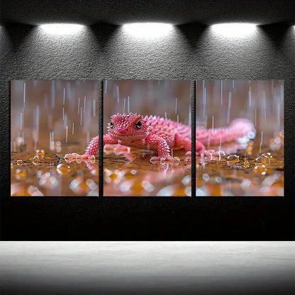 3pcs Vibrant Pink Salamander Illustration Metal Print Ready to Hang Art