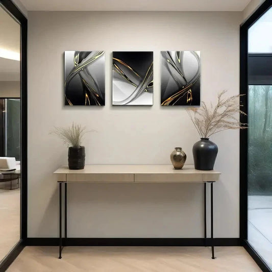 3pcs Golden Modern Abstract Black and White Metal Print Ready to Hang Art