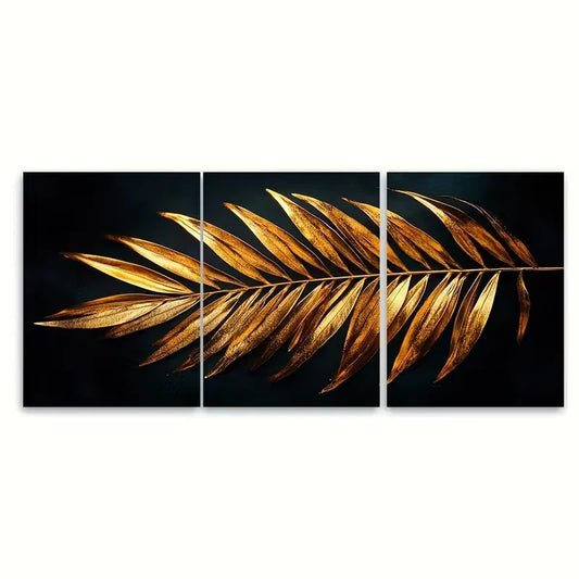 3pcs , Elegant Dark Golden Palm Leaf Metal Print Ready to Hang Art