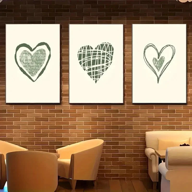 3pcs Sage Green Love Heart Vintage Art Minimal Metal Print Ready to Hang Art